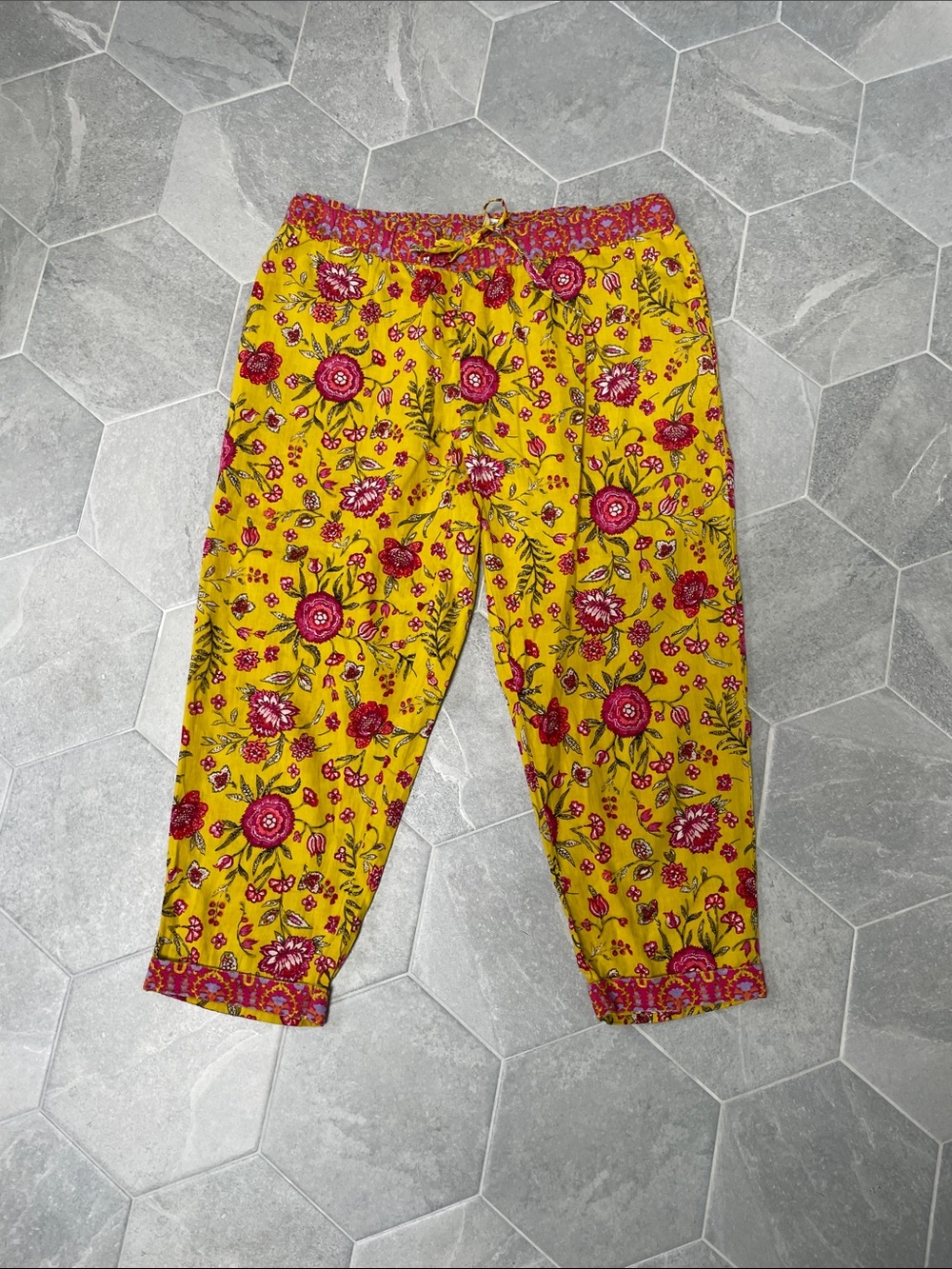Sundance Floral Block Print Crop Pants | Medium | Boho Drawstring Cotton Blend - Picture 2 of 6